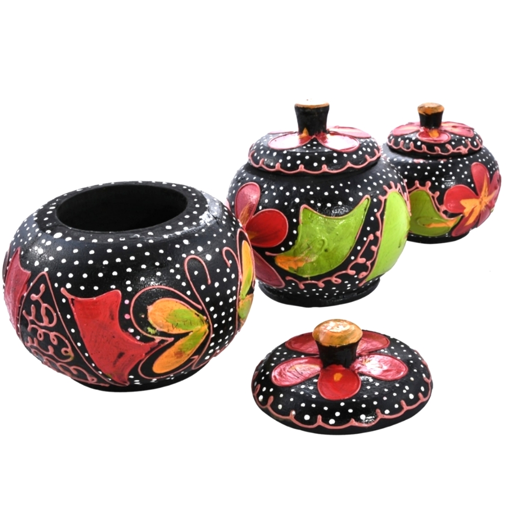 Set of 3 Handcrafted Round Wooden Storage Jars With Lids